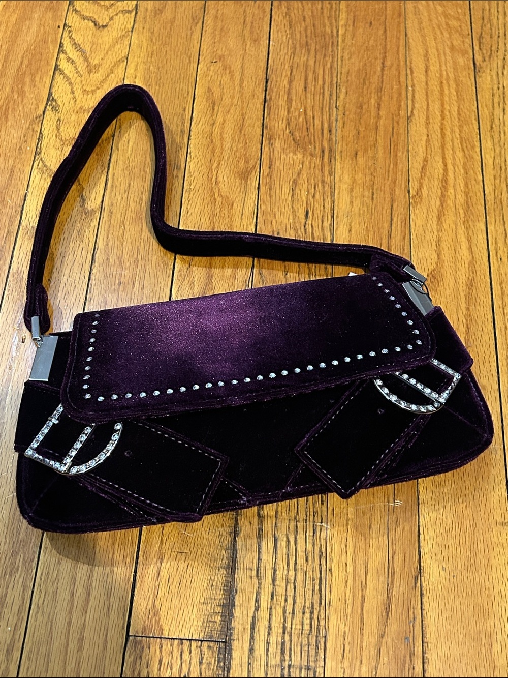 AKIRA Velvet Shoulder Bag with Crystal Buckles - Deep Plum